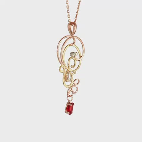 Two-Toned Red-Orange Sapphire and Diamond Necklace