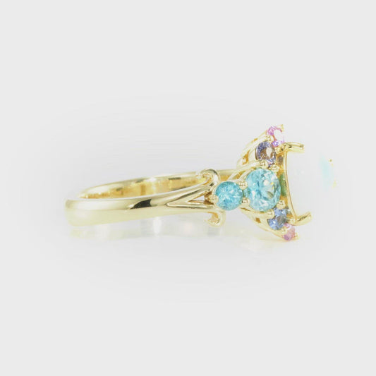 Opal, Sapphire, Blue Zircon and Yellow Gold Cluster Ring