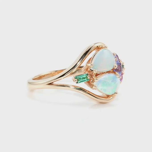 Opal, Multi-Colored Sapphires and Emerald Cluster Ring