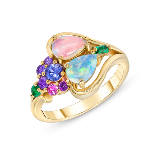 Opal, Multi-Colored Sapphires and Emerald Cluster Ring